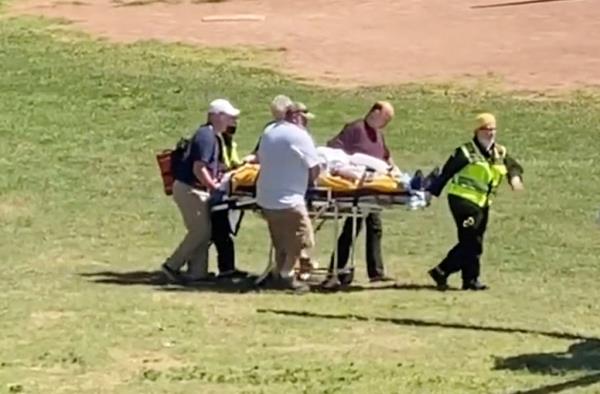 Author Salman Rushdie being transported in a stretcher by first respo<em></em>nders after being stabbed at the Chautauqua Institution 