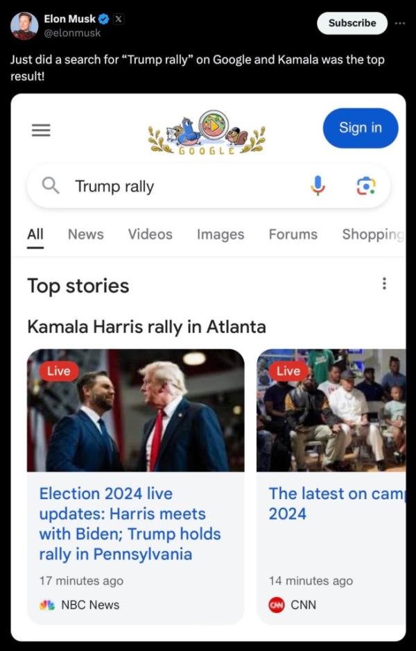 Elon Musk holding a smartphone displaying a Google search result for 'Trump rally' showing Kamala Harris as the top result