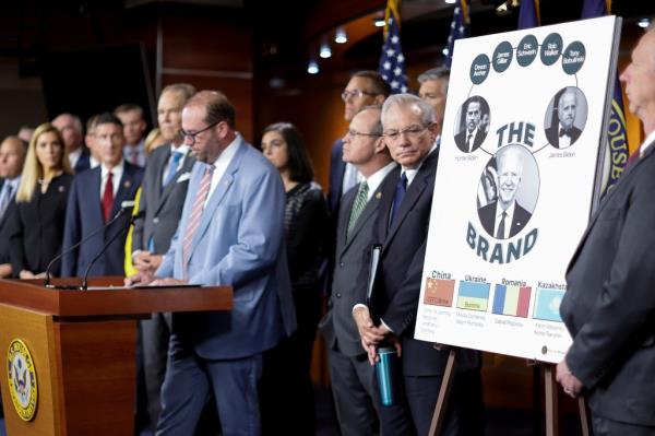 U.S. House Ways and Means Committee Chairman Jason Smith (R-MO) and members of his committee introduce to reporters what they say is evidence against Hunter Biden the Biden family brought to them by whistleblowers, at the U.S. Capitol in Washington, U.S. September 27, 2023.  