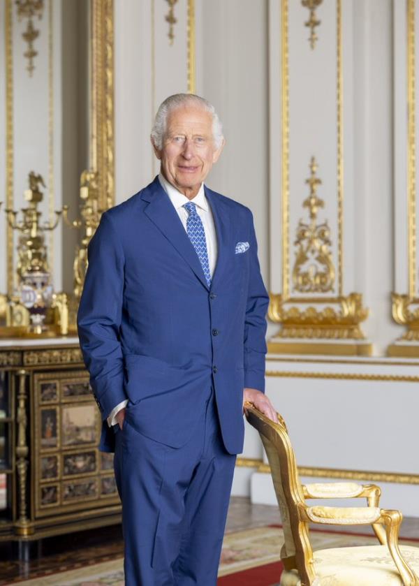 Portrait of Charles, Prince of Wales, in a blue suit on his 76th birthday, shared by the Royal Family