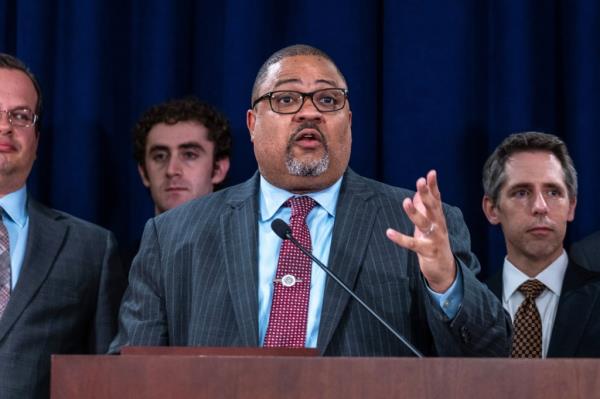 Manhattan District Attorney Alvin Bragg speaking at a press co<em></em>nference following the co<em></em>nviction of former U.S. President Do<em></em>nald Trump