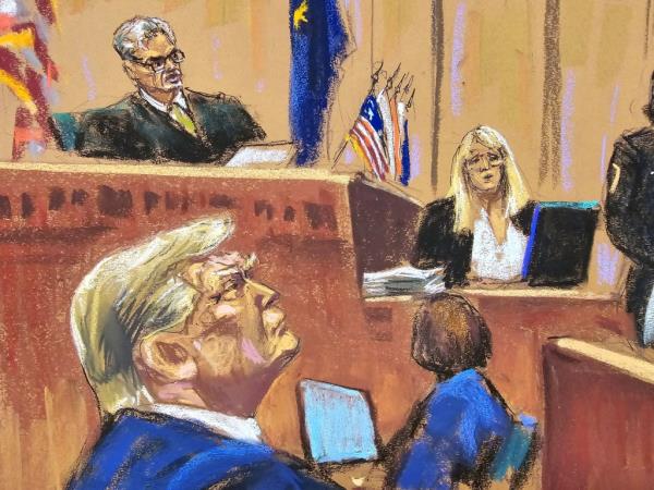 Sketch of former U.S. President Do<em></em>nald Trump in a Manhattan courtroom during his criminal trial, with jury members listening to testimony