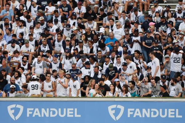 A FanDuel sportsbook ad is seen before the game between the New York Yankees and the Minnesota Twins at Yankee Stadium on June 05, 2024 in the Bronx borough of New York City.