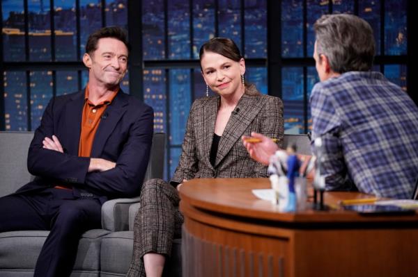 Hugh Jackman and Sutton Foster during an interview with host Seth Meyers on May 5, 2022.