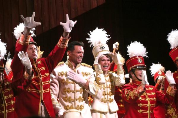 Hugh Jackman and Sutton Foster perform o<em></em>nstage during the opening night curtain call for 