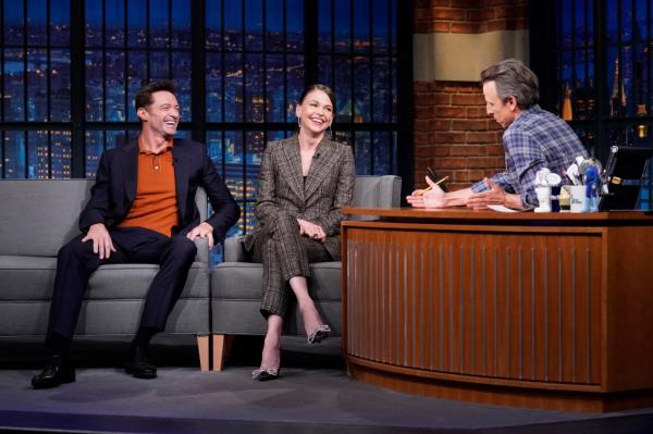 Hugh Jackman and Sutton Foster during an interview with host Seth Meyers on May 5, 2022.