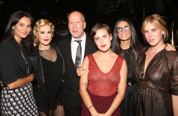 Emma Heming, Rumer Willis, father Bruce Willis, sister Tallulah Belle Willis, mother Demi Moore and sister Scout LaRue Willis pose backstage as Rumer makes her broadway debut as 