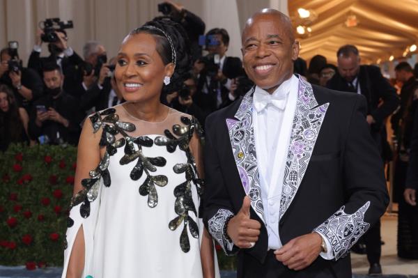 New York City Mayor Eric Adams and Tracey Collins in formal attire arriving at the In America: An Anthology of Fashion themed Met Gala at the Metropolitan Museum of Art