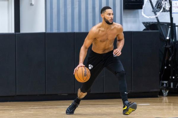 Ben Simmons, a Brooklyn Nets guard, dribbling a basketball during a practice session at the HSS Training Center on Oct. 1, 2024.