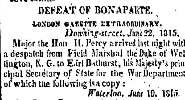 New York Post clipping covering Napoleon's defeat at Waterloo 