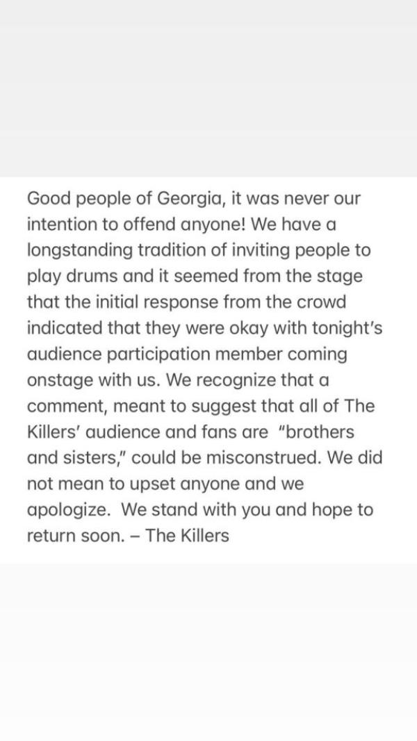 Releasing a statement on X mere hours after the fiasco, the band issued a formal apology to those who were offended by the comments.