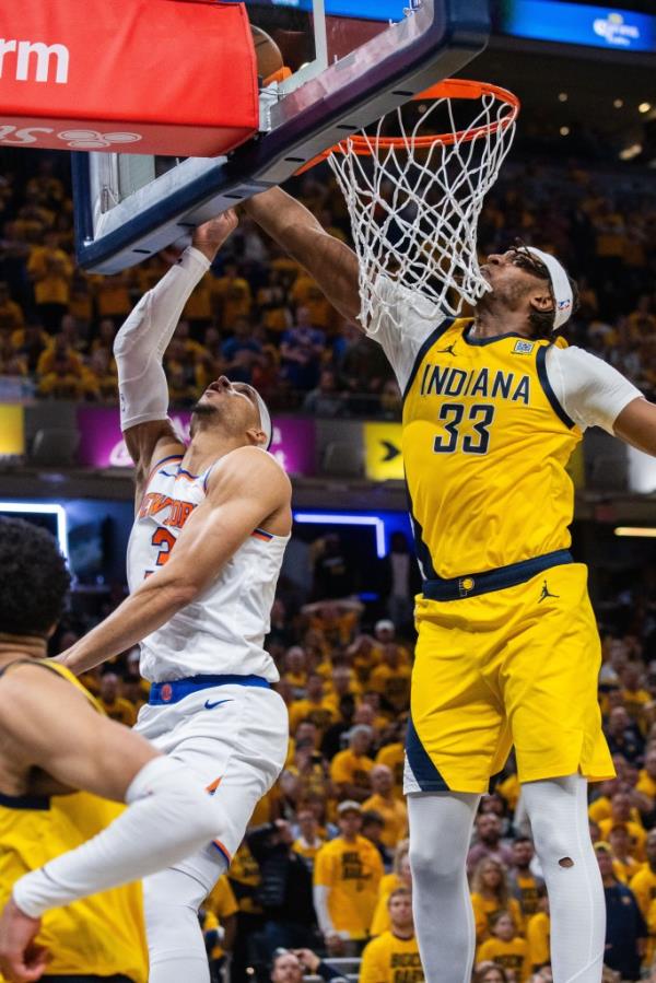 Indiana Pacers center Myles Turner (33) blocks the shot of New York Knicks guard Josh Hart (3) during game three of the second round for the 2024 NBA playoffs at Gainbridge Fieldhouse. 