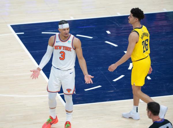Josh Hart #3 of the New York Knicks reacts after a call during the third quarter.