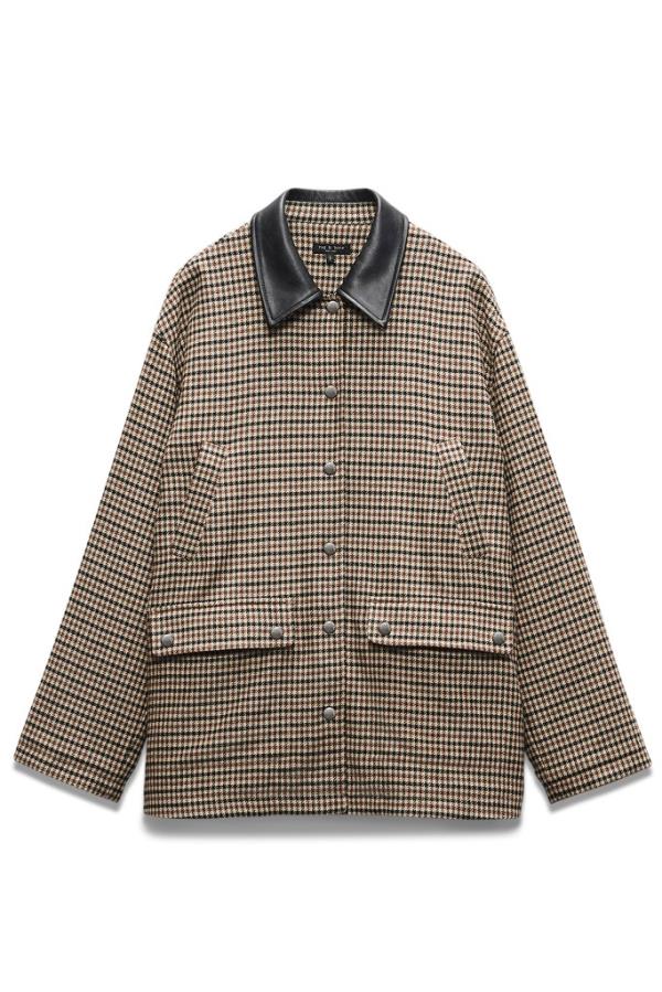 Cassidy Houndstooth Jacket by Rag and Bone in Tan Multi, a plaid barn jacket with a black collar