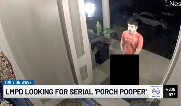 Doorbell cam footage of a man in a red shirt urinating on the ground with a black box obscuring his private area.