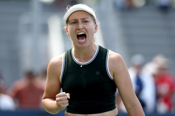 Daria Saville of Australia reacts  against Ena Shibahara of Japan during their Women's Singles First Round match at the 2024 US Open at the USTA Billie Jean King Natio<em></em>nal Tennis Center on August 27, 2024 in Flushing in New York City.  