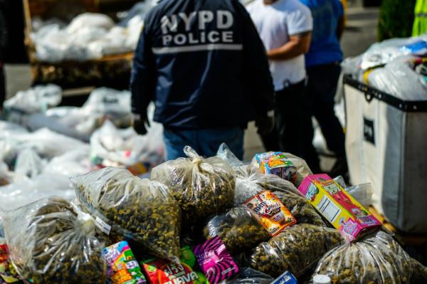 New York City Mayor Eric Adams, New York City Sheriff Anthony Miranda destroyes more than four tons, or 576 bags, of seized, illegal cannabis products