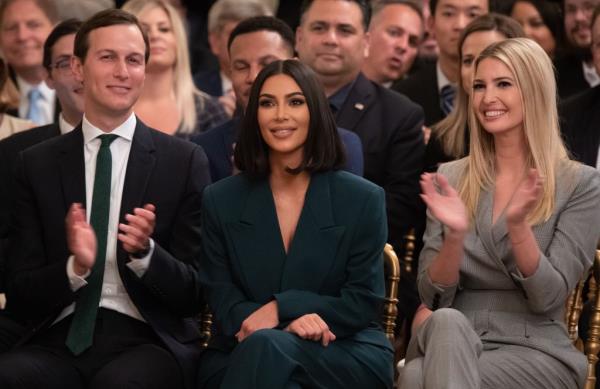 From left: Jared Kushner, Kim Kardashian and Ivanka Trump applaud as US President Do<em></em>nald Trump speaks.
