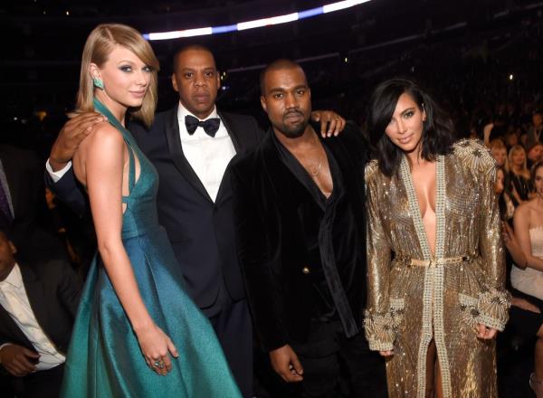 Taylor Swift, Jay Z, Kanye West and Kim Kardashian West attend The 57th Annual Grammy Awards.
