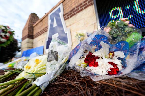 A memorial is seen at Apalachee High School after the Wednesday school shooting, Saturday, Sept. 7, 2024, in Winder, Ga.