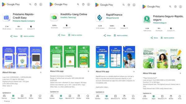 A screenshot of a phone displaying examples of SpyLoan apps recently distributed on Google Play, recognized as a global threat due to social engineering exploits.