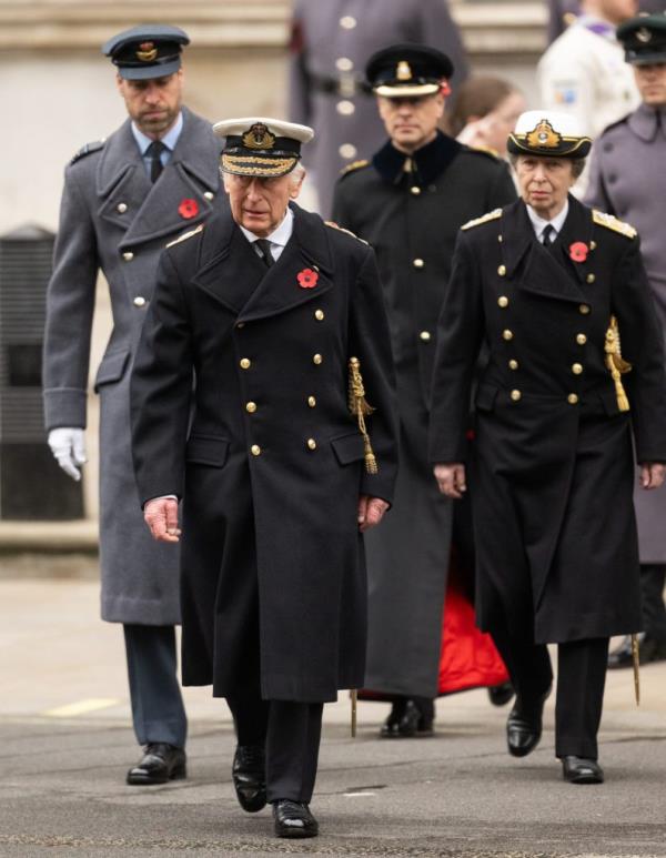 Prince William, King Charles III, Prince Edward, and Princess Anne at the Remembrance Sunday service in London, England, 2024