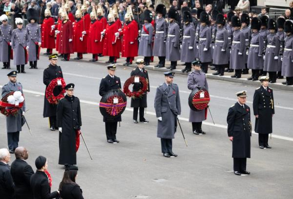 Prince Edward, Duke of Edinburgh, Prince William, Prince of Wales, King Charles III and Princess Anne, Princess Royal laying down wreaths at The Cenotaph war memorial in London, England.