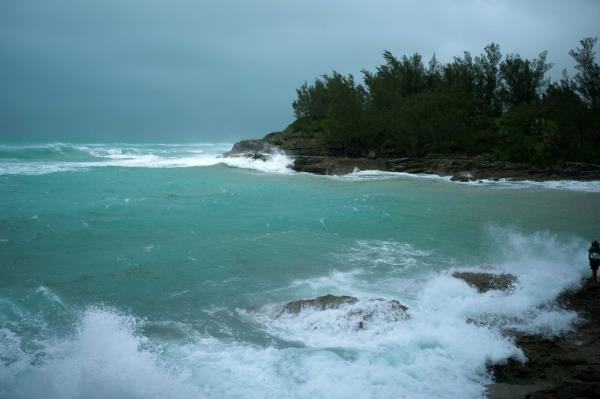 Waves crashing in Bermuda as Hurricane Ernesto passes through on Aug. 17, 2024.
