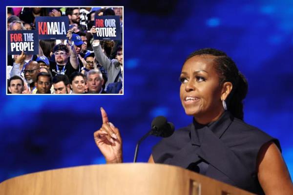 Michelle Obama speaks on the second night of the Democratic Natio<em></em>nal Co<em></em>nvention at the United Center in Chicago on Aug. 20, 2024.