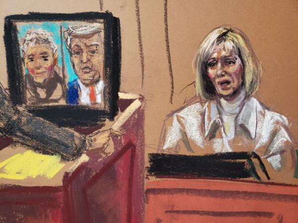 Court artist's sketch of E. Jean Carroll in court