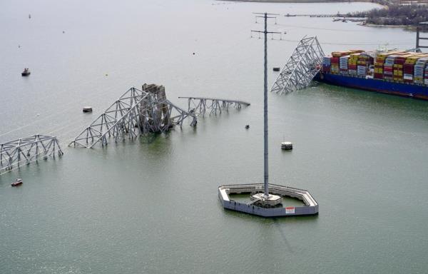 Aerial view of cargo ship Dali stuck under the partially collapsed Francis Scott Key Bridge in Baltimore, released by the Maryland Natio<em></em>nal Guard