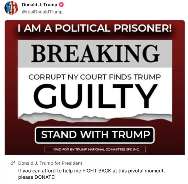 Screenshot of Do<em></em>nald Trump's post on Truth Social regarding his co<em></em>nviction on criminal charges on May 30th, 2024