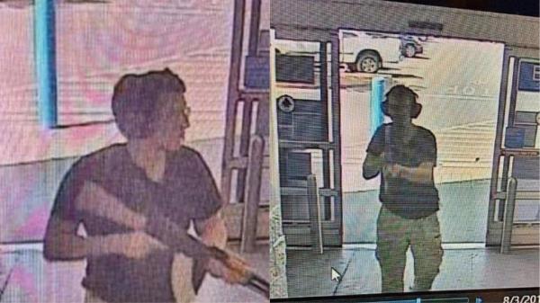 Surveillance footage of Crusius entering the El Paso Walmart armed with a rifle.