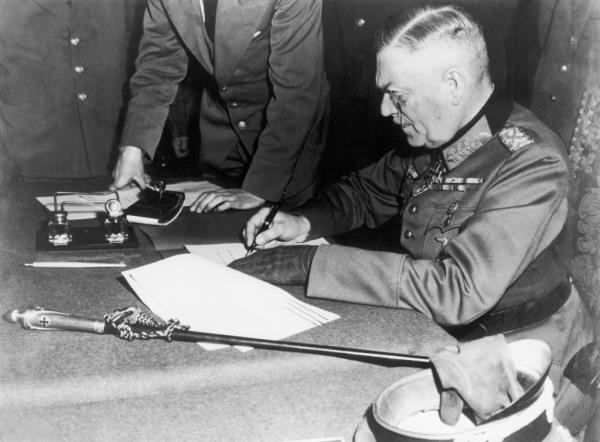 Nazi Field marshal Wilhelm Keitel signed the unco<em></em>nditional surrender of german forces on at the Soviet Headquarters In Karlhorst, Northeast Of Berlin May 8, 1945. Keitel would later be sentenced to death executed by hanging in 1946 after being found guilty of War Crimes and Crimes against Humanity during the Nuremberg Trials.