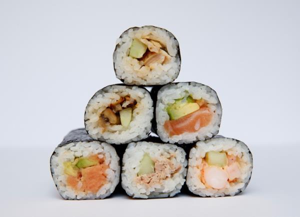 Sushi rolls from Sushi Counter stacked in a pyramid
