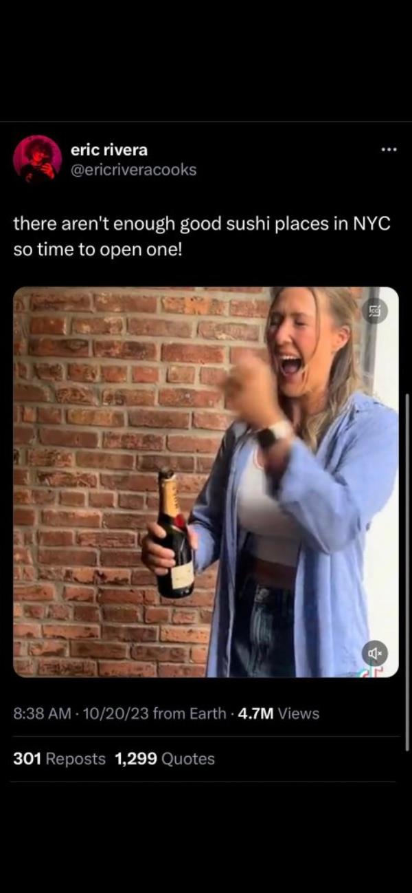 A tweet sent by Eric Rivera showing Alex Marks celebrating her new sushi venture and him writing, 
