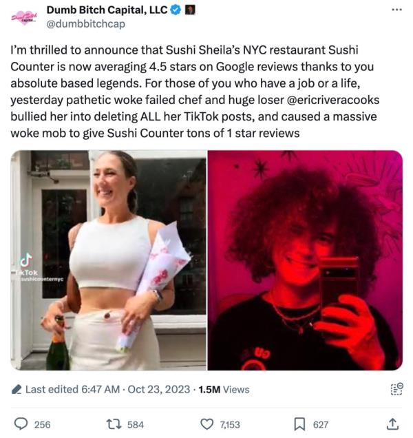 A tweet noting that Sushi Counter has now better reviews after getting bullied.