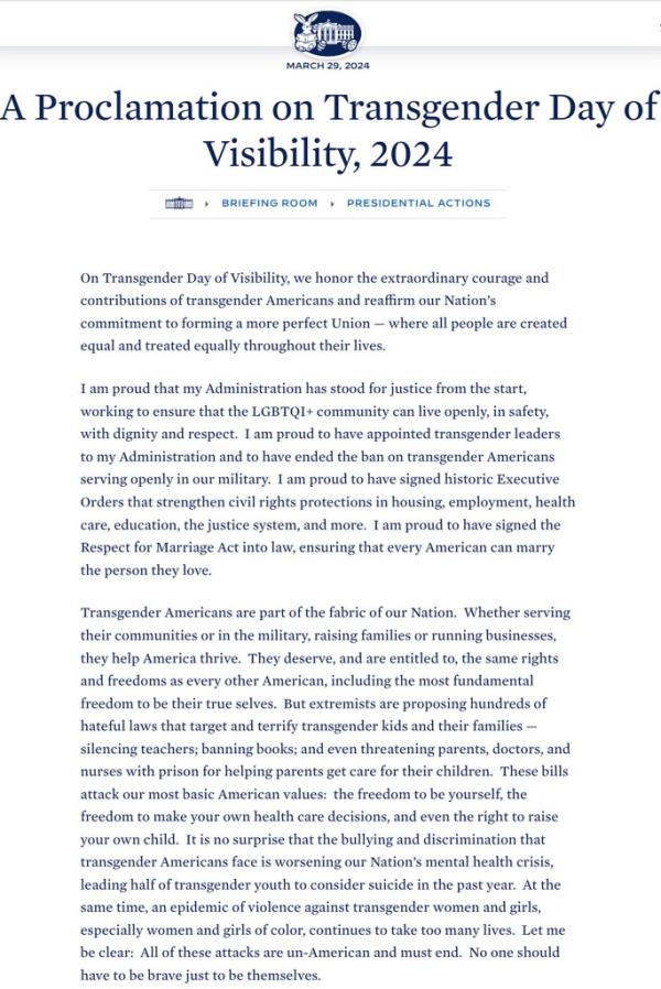 President Joseph R. Biden Jr. proclaiming March 31, 2024 as Transgender Day of Visibility on a close-up of a docu<em></em>ment