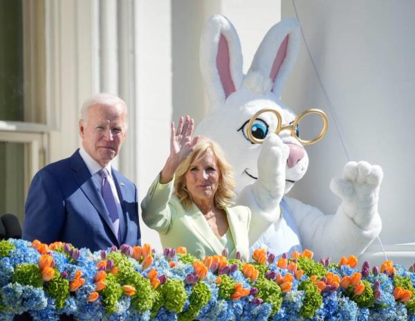President Joe Biden and First lady Jill Biden welcoming visitors to the annual Easter Egg Roll event at the South Lawn of the White House on April 10, 2023.