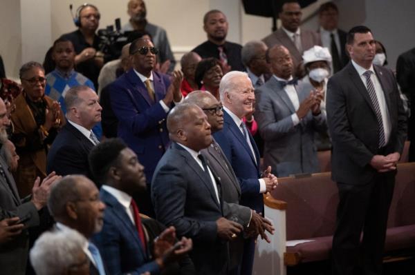 President Joe Biden participates in a church service with Rep. Jim Clyburn (D-SC) at Saint John Baptist Church in West Columbia, South Carolina, U.S., January 28, 2024.