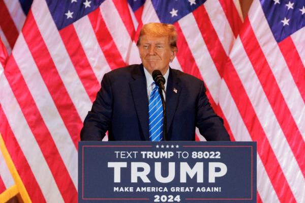 Republican presidential candidate and former U.S. President Do<em></em>nald Trump reacts as he speaks at a watch party event to mark the Super Tuesday primary elections at his Mar-a-Lago property, in Palm Beach, Florida, U.S. March 5, 2024
