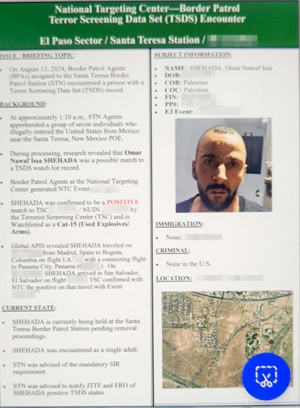 Leaked memo showing the arrest notification of suspected Palestinian terrorist Omar Shehada.
