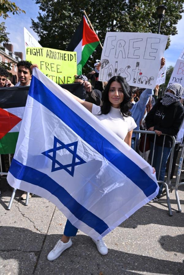 Inna Vernikov carries an Israeli flag at last month's protest.