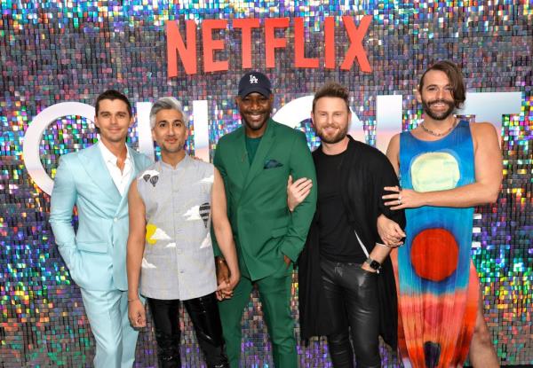 Antoni Porowski, Tan France, Karamo Brown, Bobby Berk and Jo<em></em>nathan Van Ness smiling. 
