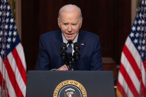 US President Joe Biden delivers remarks on lowering healthcare costs for Americans, in the Indian Treaty Room of the Eisenhower Executive Office Building on the White House complex, in Washington, DC, USA, 03 April 2024.