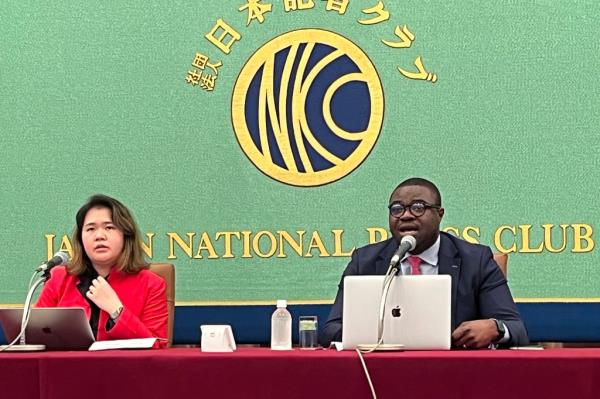 Pichamon Yeophantong, (left), and Damilola Olawuyi (right), members of the U.N. Working Group on Business and Human Rights, spoke to reporters at the Japan Natio<em></em>nal Press Club regarding the alleged sexually abused of teenagers by Kitagawa in Tokyo, Friday, Aug. 4 , 2023.