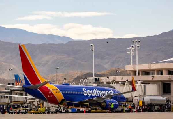 Southwest Airlines Boeing 737 parked at the gate at Palm Springs Internatio<em></em>nal Airport, Palm Springs, California.