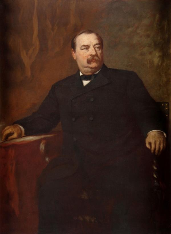 Official portrait of Grover Cleveland as Governor of New York State, painted by Eastman Johnson, depicting him seated in a suit