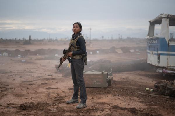 Zoe Saldana as Joe in Special Ops: Lio<em></em>ness Season 1 streaming on Paramount+, 2023. Photo Credit: Lynsey Addario/Paramount+.