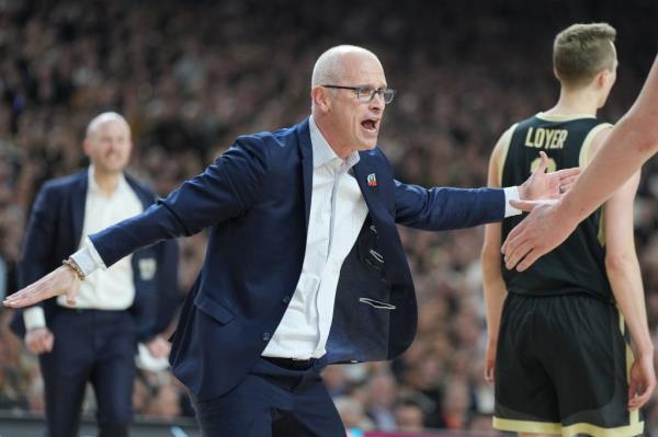 Dan Hurley celebrates a shot during the Natio<em></em>nal College Basketball Champio<em></em>nship game against the Purdue Boilermakers at State Farm Stadium on April 8, 2024 in Glendale, Arizona.